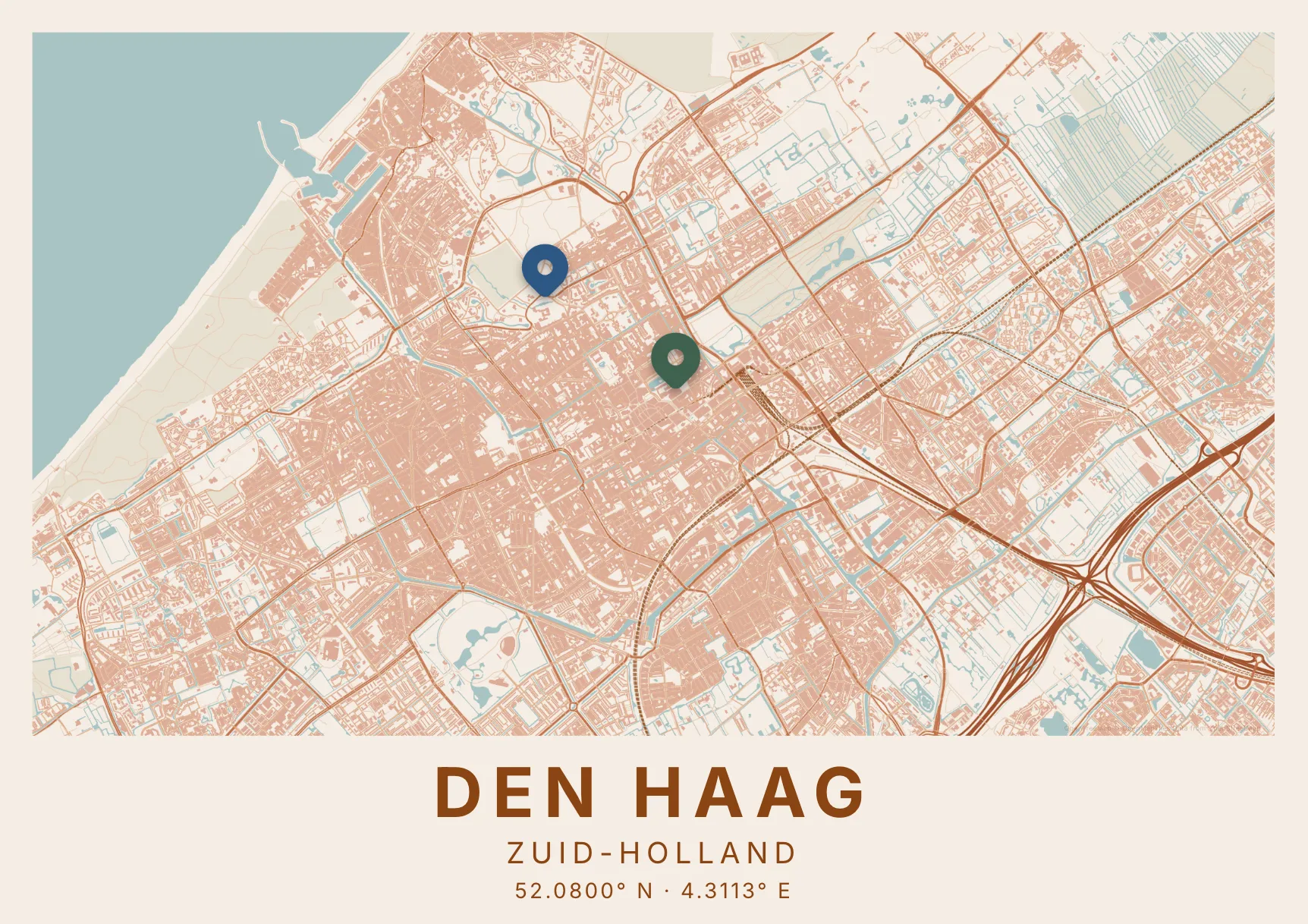 Kaartposter Den Haag in Klei stijl
