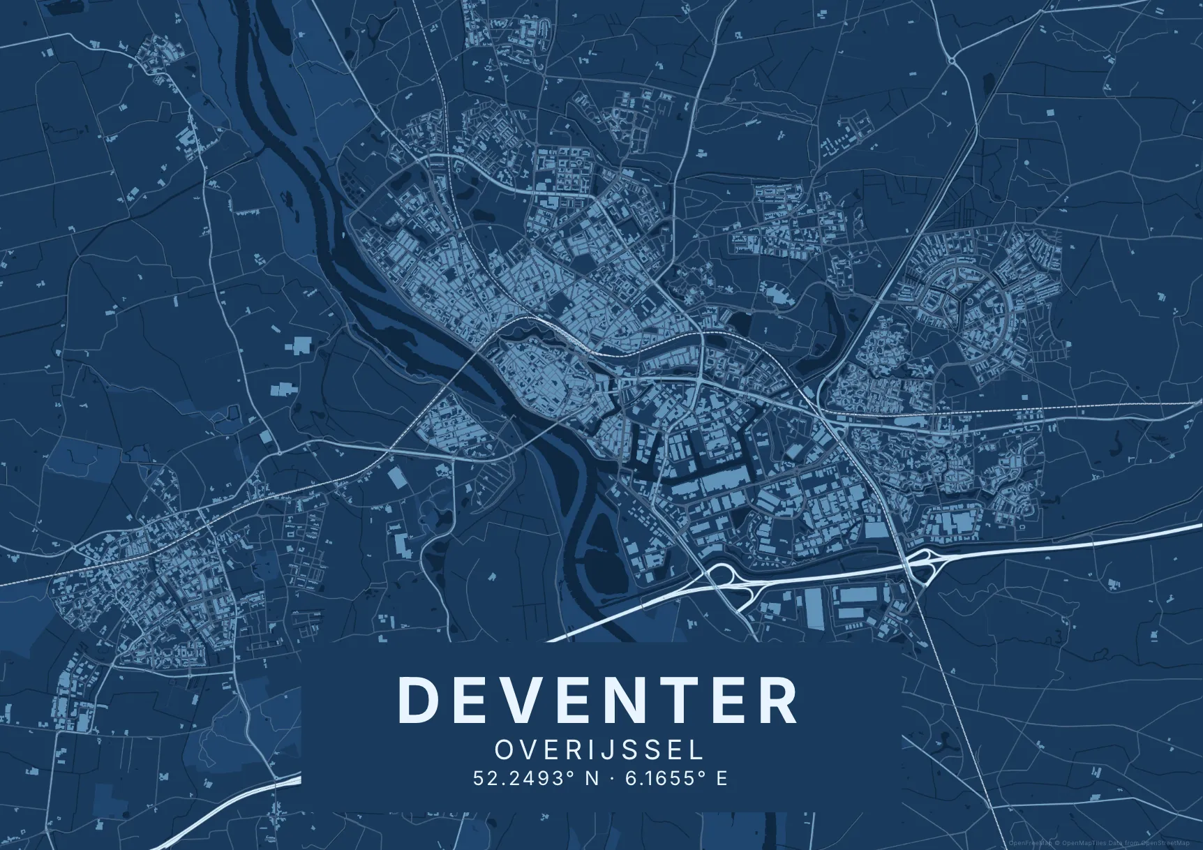 Kaartposter Deventer in Blauwdruk stijl, liggend