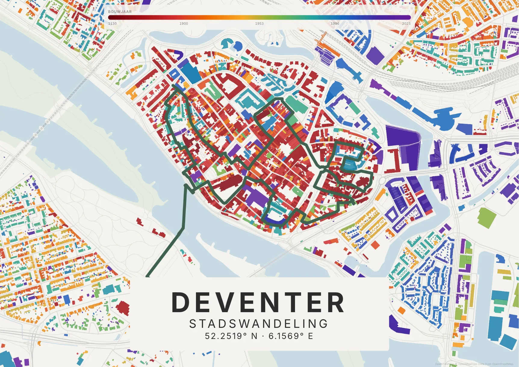 Kaartposter Deventer in Tijdlaag stijl, liggend