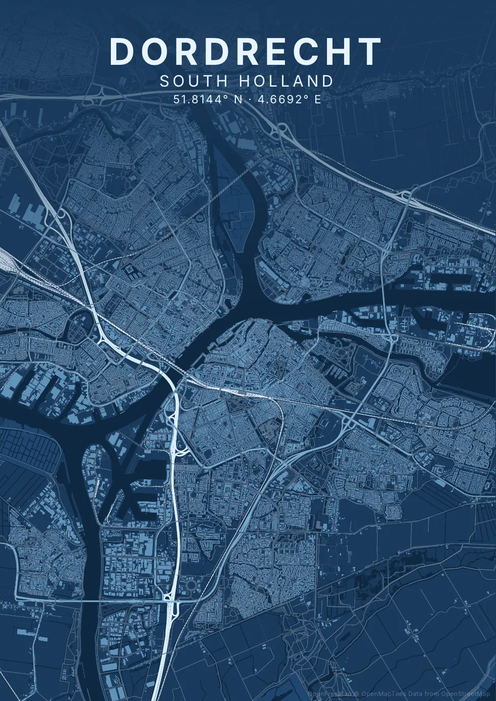 Kaartposter Dordrecht in Blauwdruk stijl