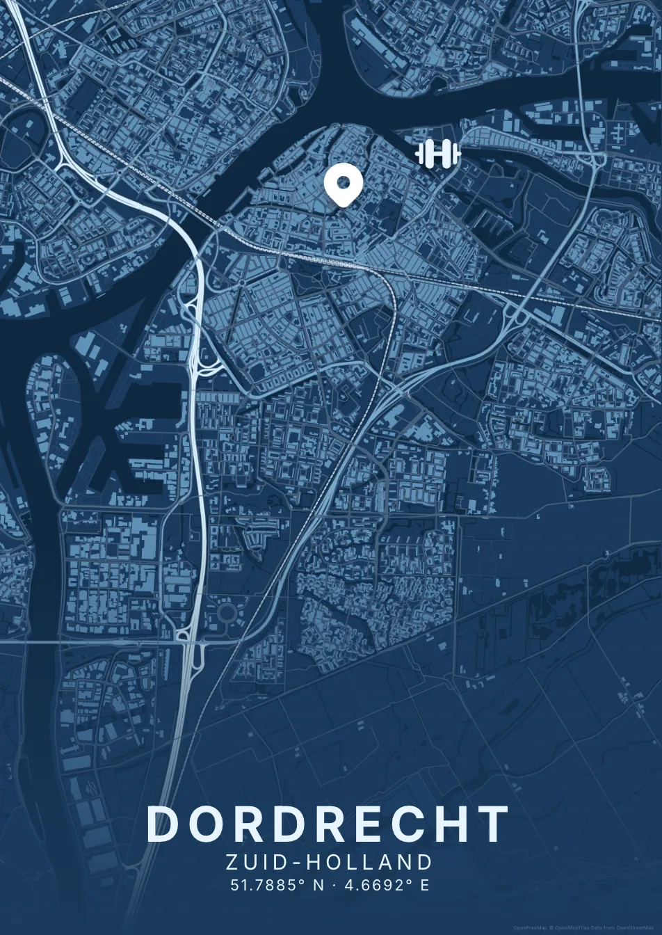 Kaartposter Dordrecht in Blauwdruk stijl