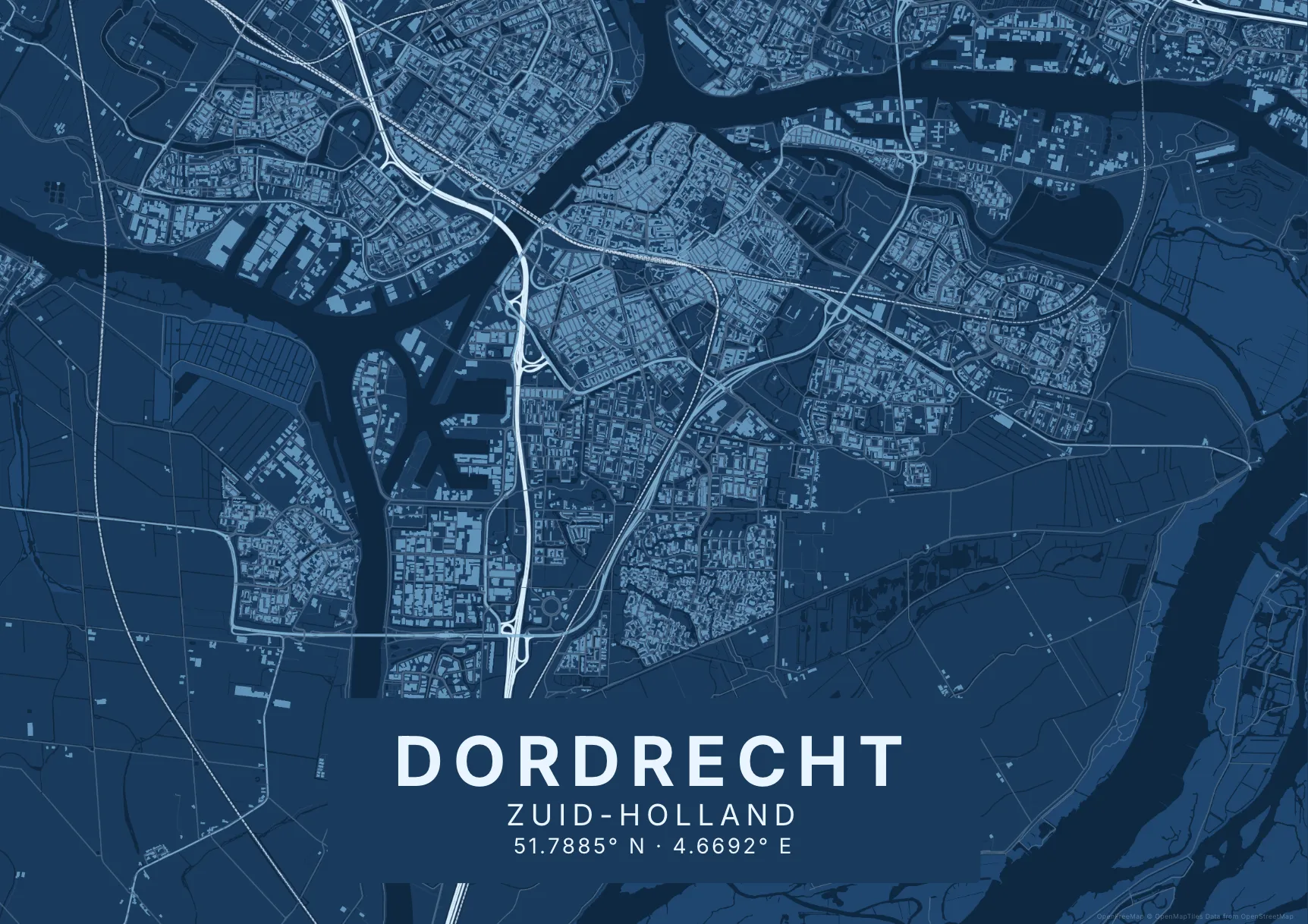 Kaartposter Dordrecht in Blauwdruk stijl