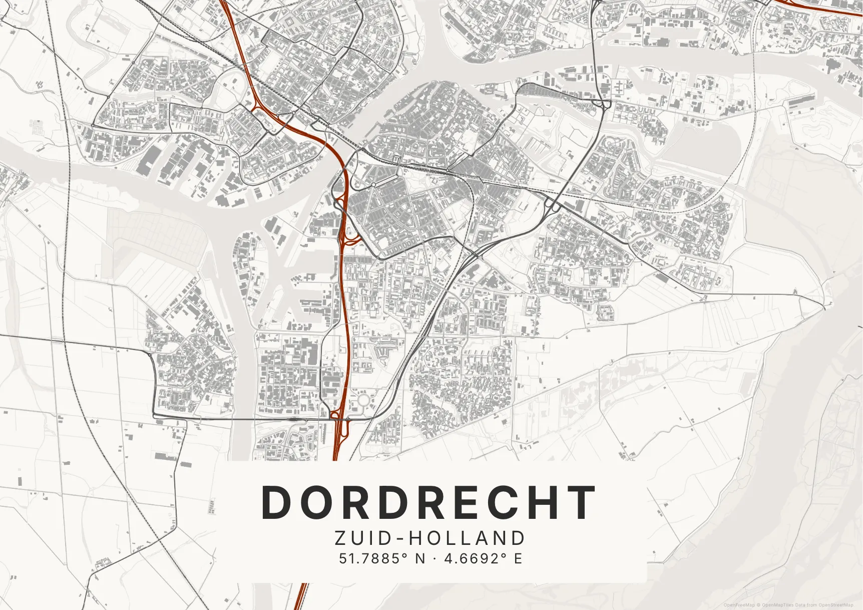Kaartposter Dordrecht in Inktwas stijl