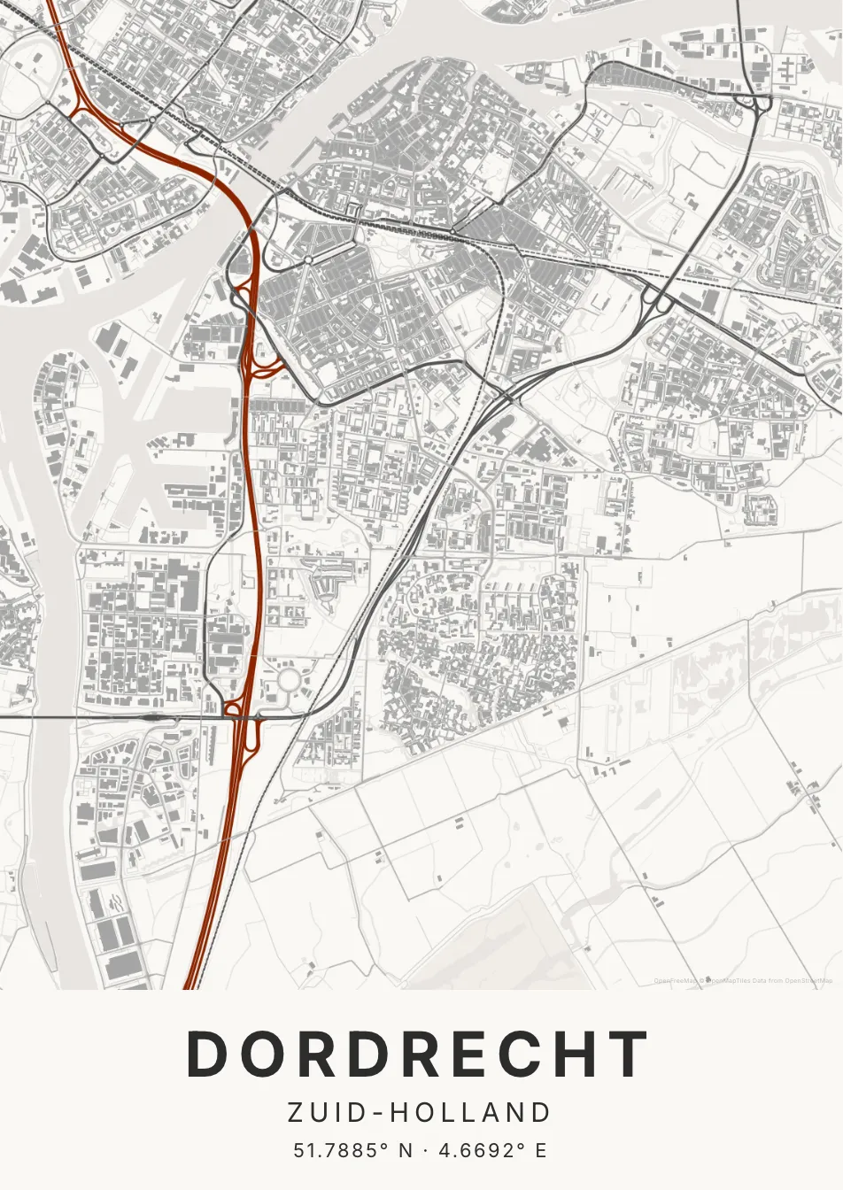 Kaartposter Dordrecht in Inktwas stijl