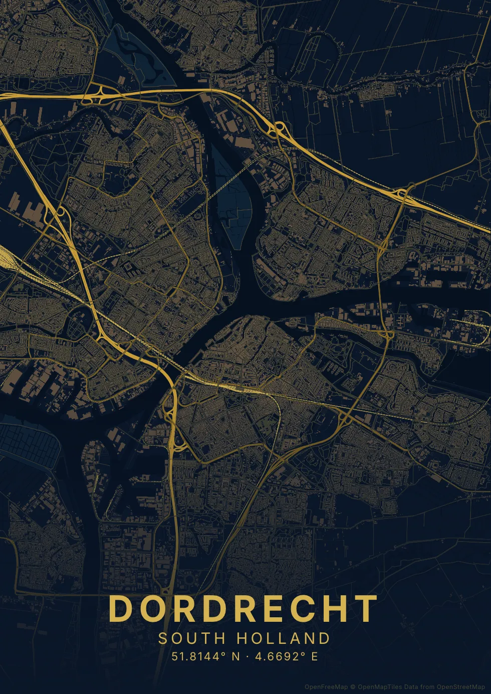 Kaartposter Dordrecht in Nachtblauw stijl