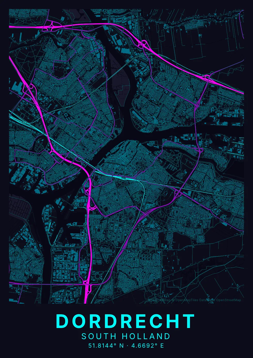 Kaartposter Dordrecht in Neon stijl