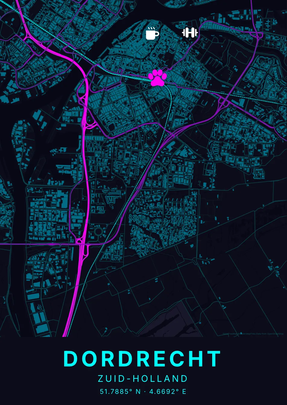 Kaartposter Dordrecht in Neon stijl