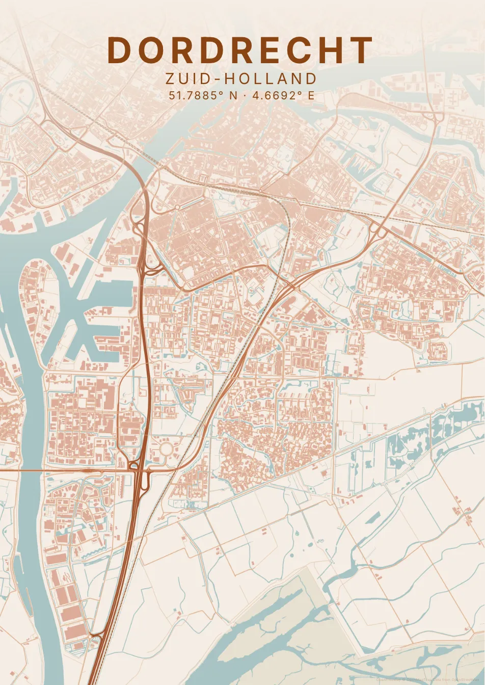 Kaartposter Dordrecht in Klei stijl