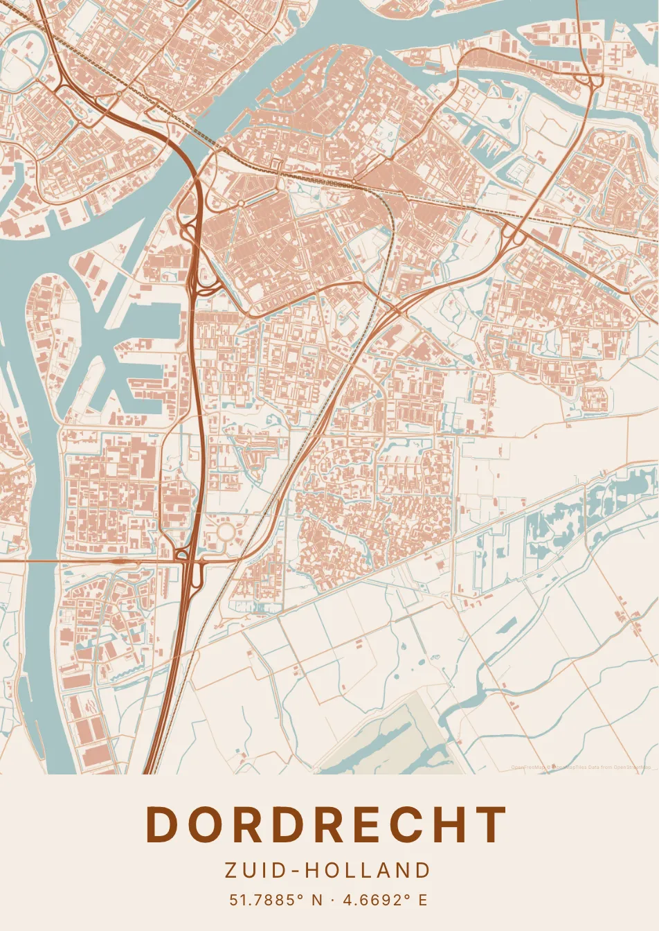 Kaartposter Dordrecht in Klei stijl