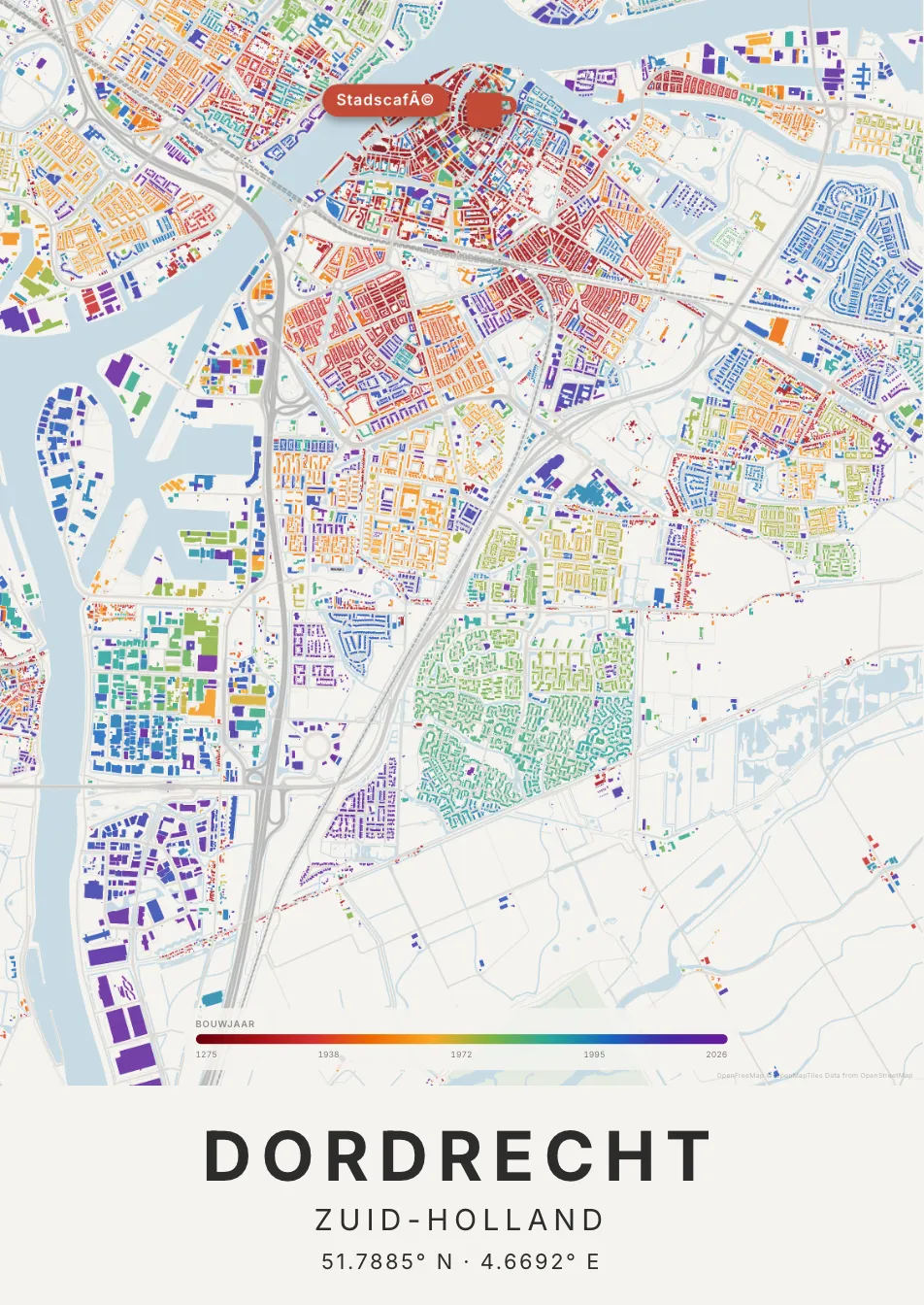 Kaartposter Dordrecht in Tijdlaag stijl