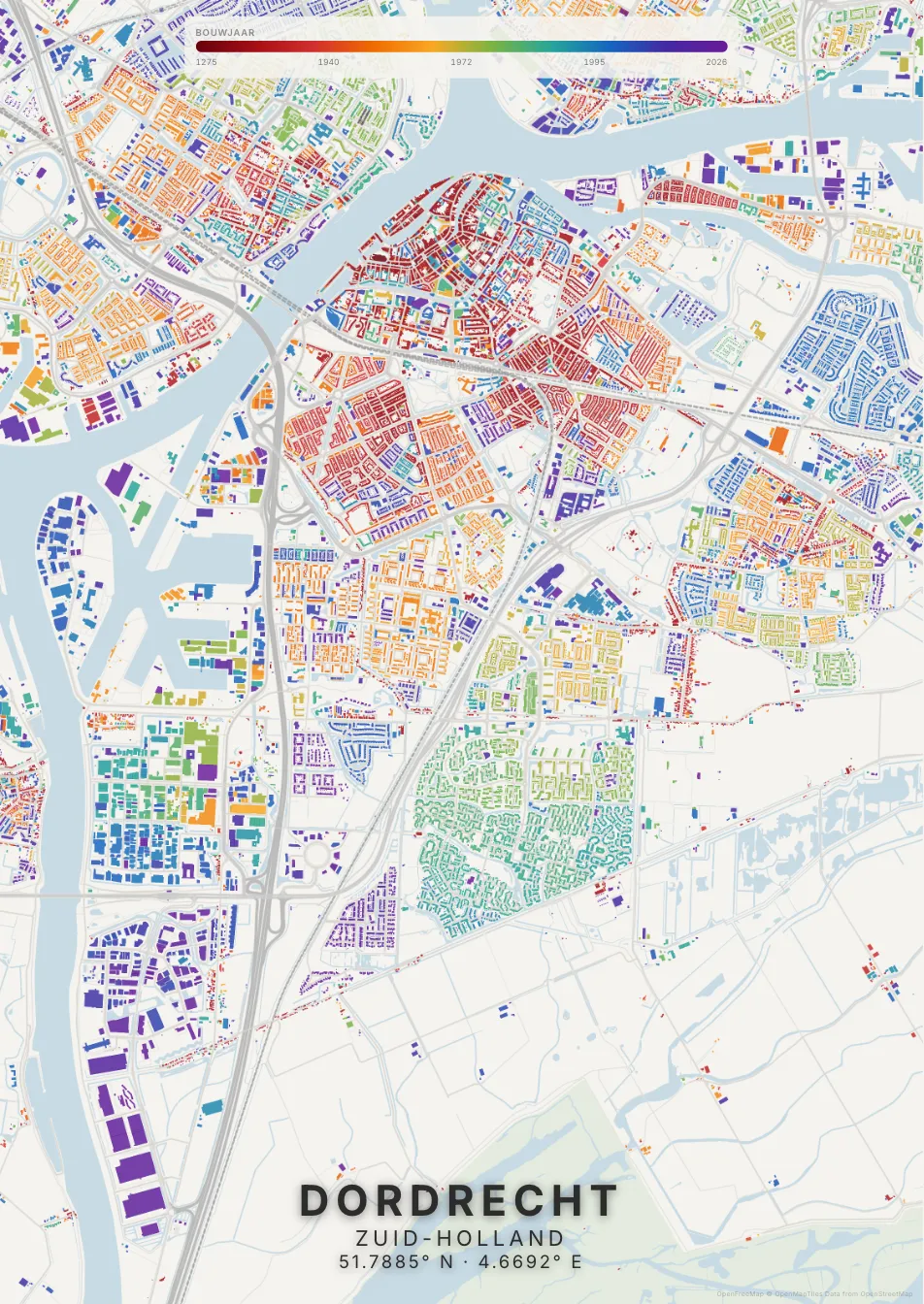 Kaartposter Dordrecht in Tijdlaag stijl