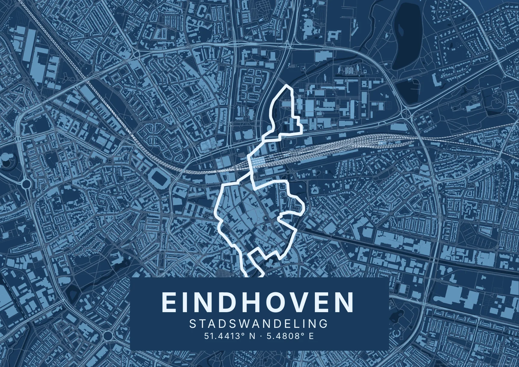 Kaartposter Eindhoven in Blauwdruk stijl, liggend