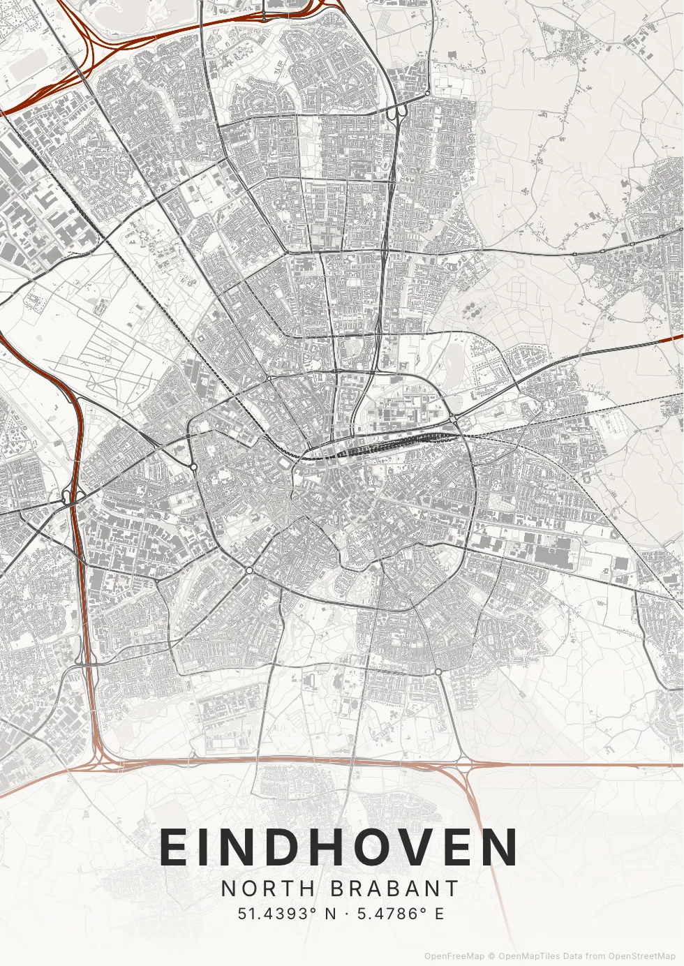 Kaartposter Eindhoven in Inktwas stijl