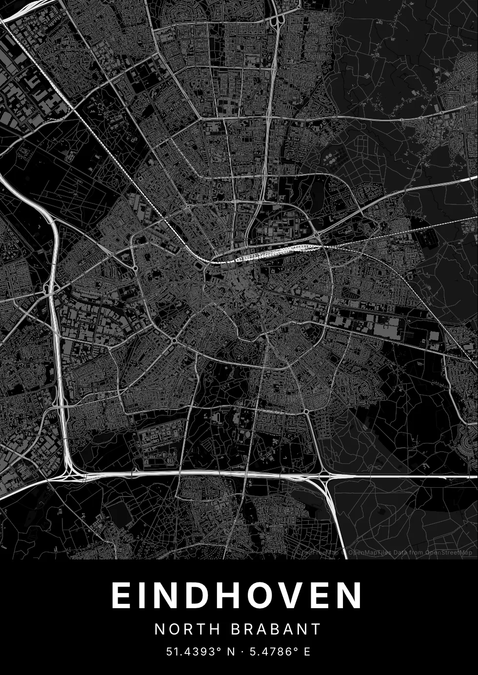 Kaartposter van Eindhoven in Nachtzwart stijl