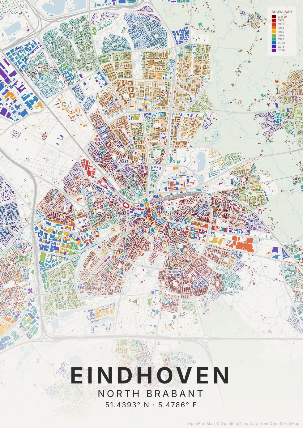 Kaartposter Eindhoven in Tijdlaag stijl