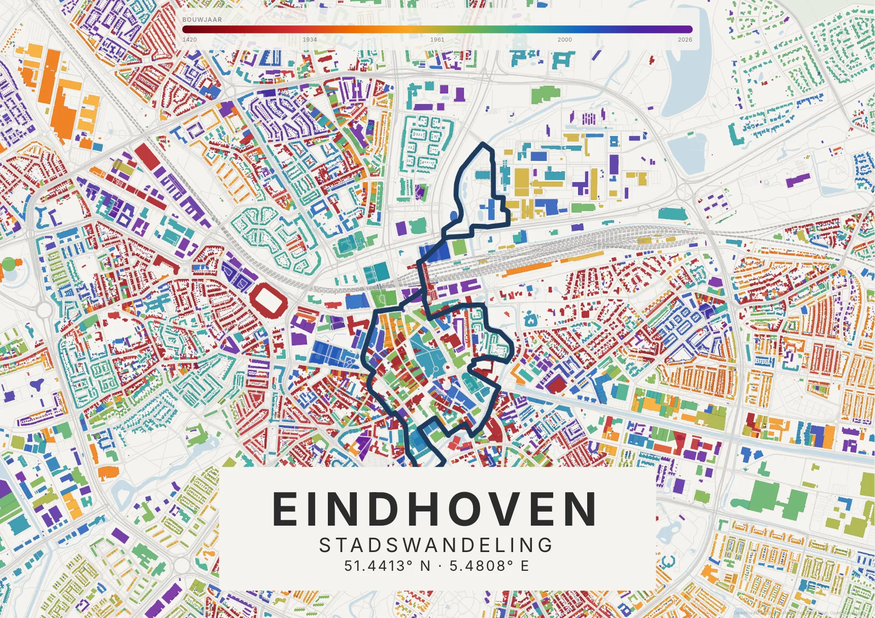 Kaartposter Eindhoven in Tijdlaag stijl, liggend