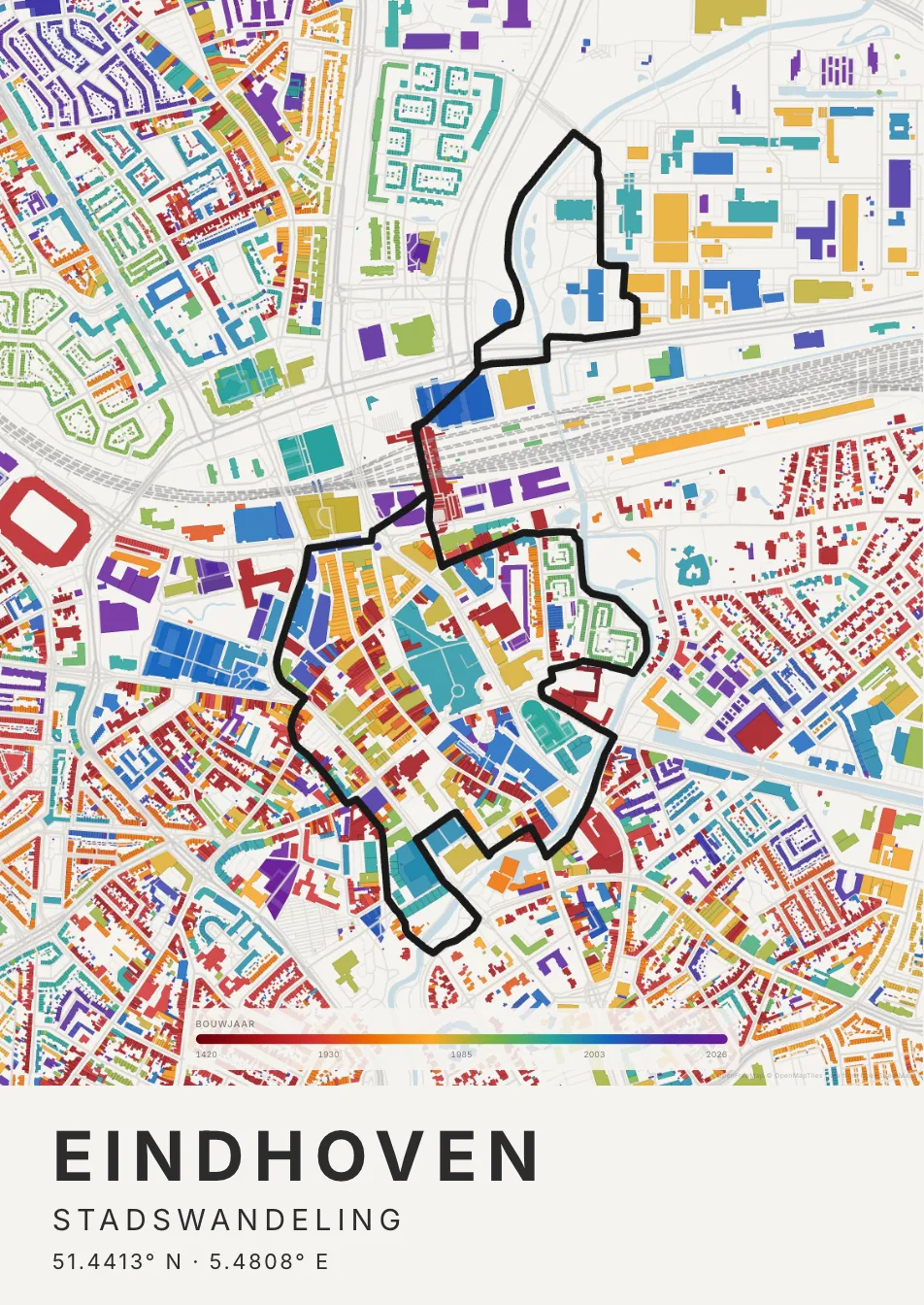 Kaartposter Eindhoven in Tijdlaag stijl
