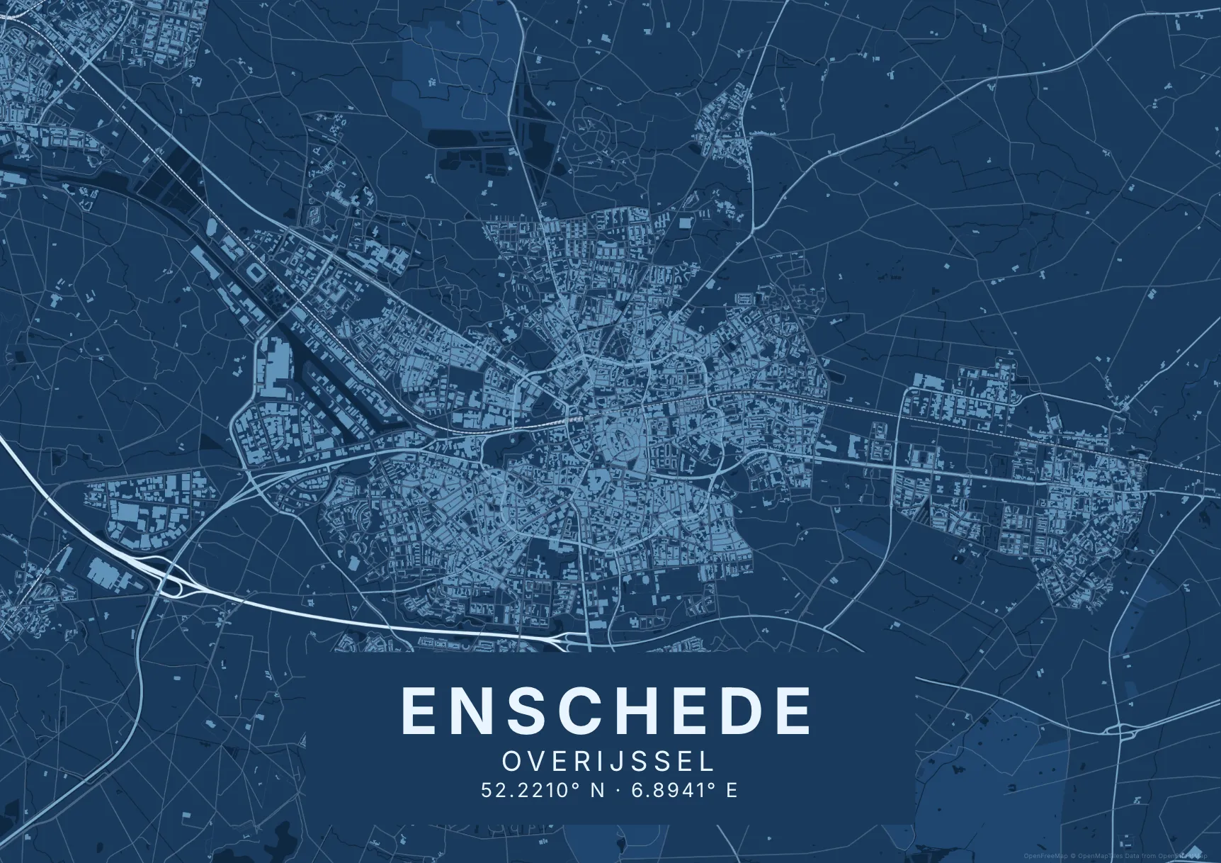 Kaartposter Enschede in Blauwdruk stijl, liggend