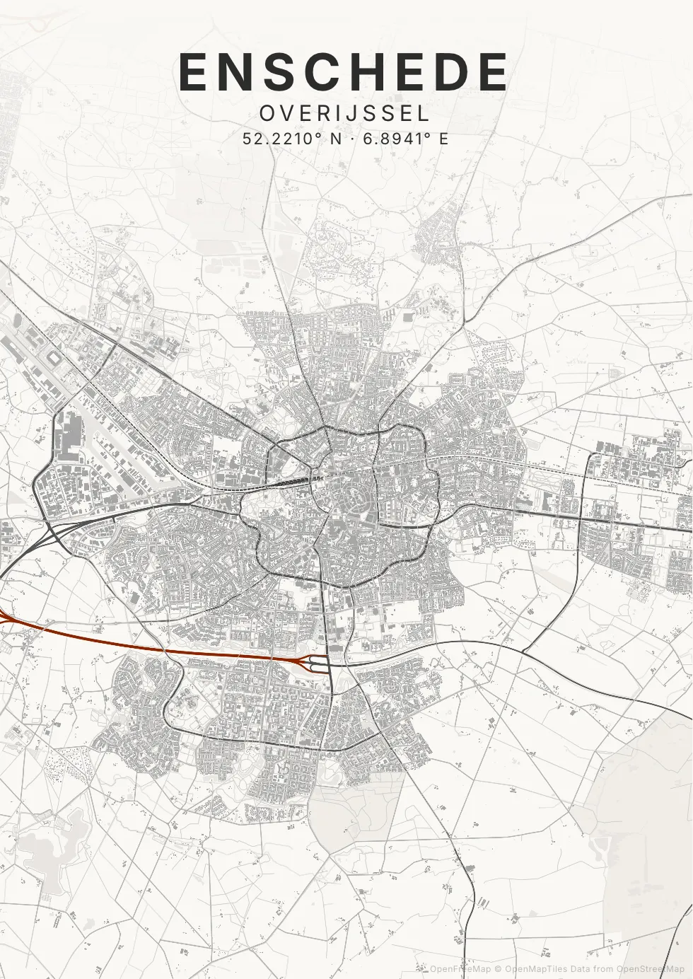 Kaartposter Enschede in Inktwas stijl