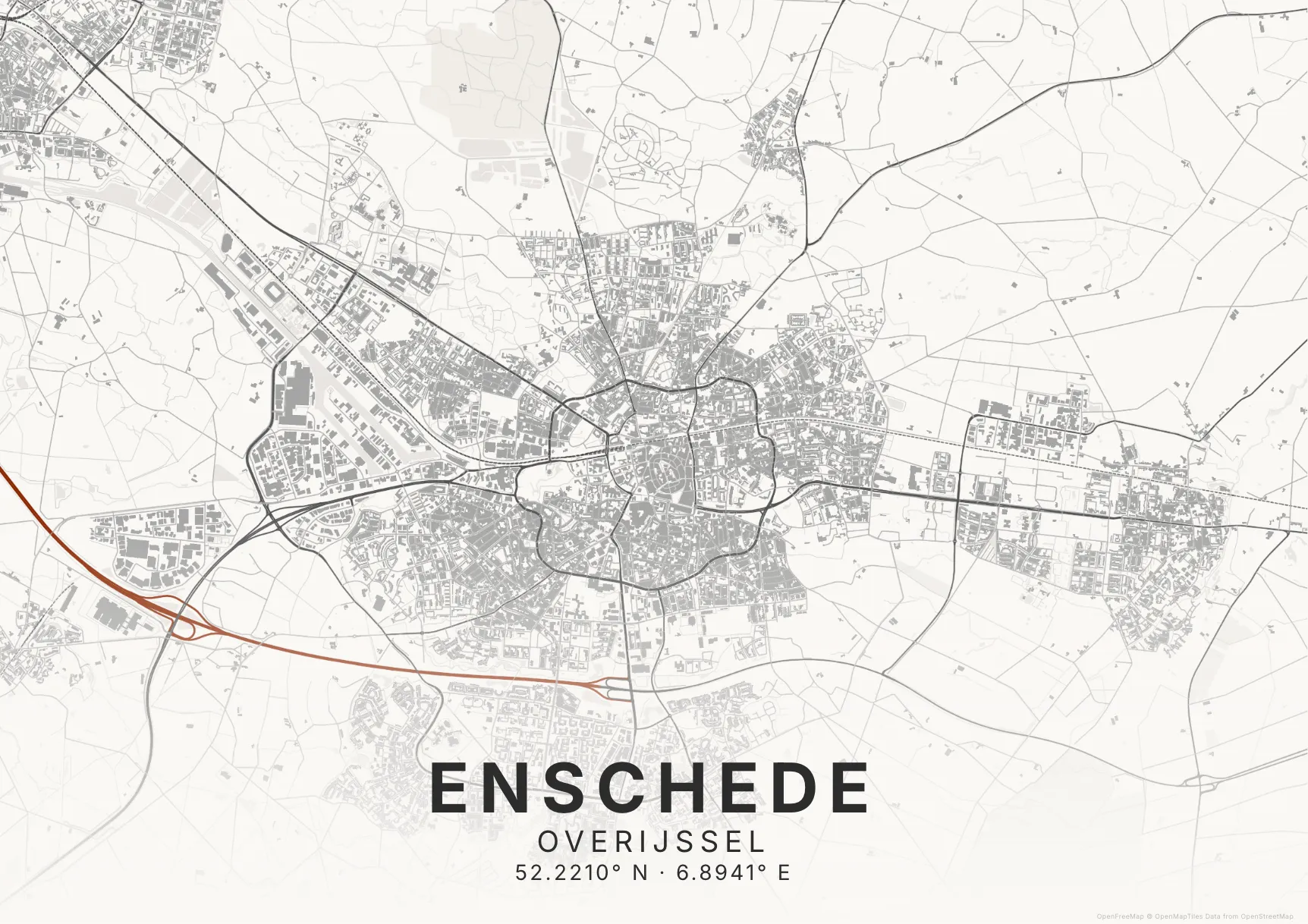 Kaartposter Enschede in Inktwas stijl