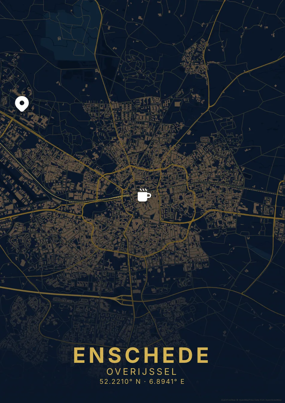 Kaartposter Enschede in Nachtblauw stijl