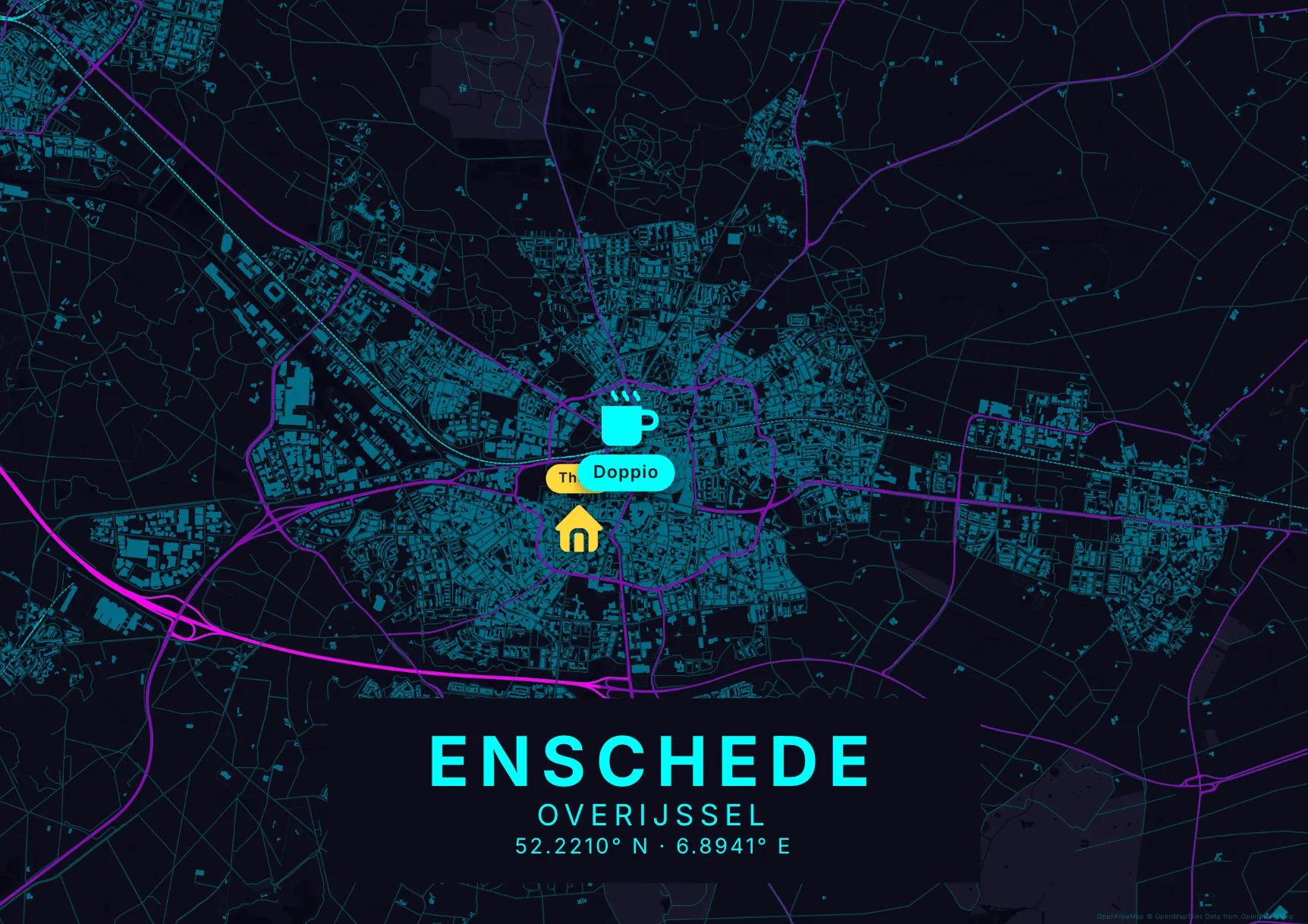 Kaartposter Enschede in Neon stijl