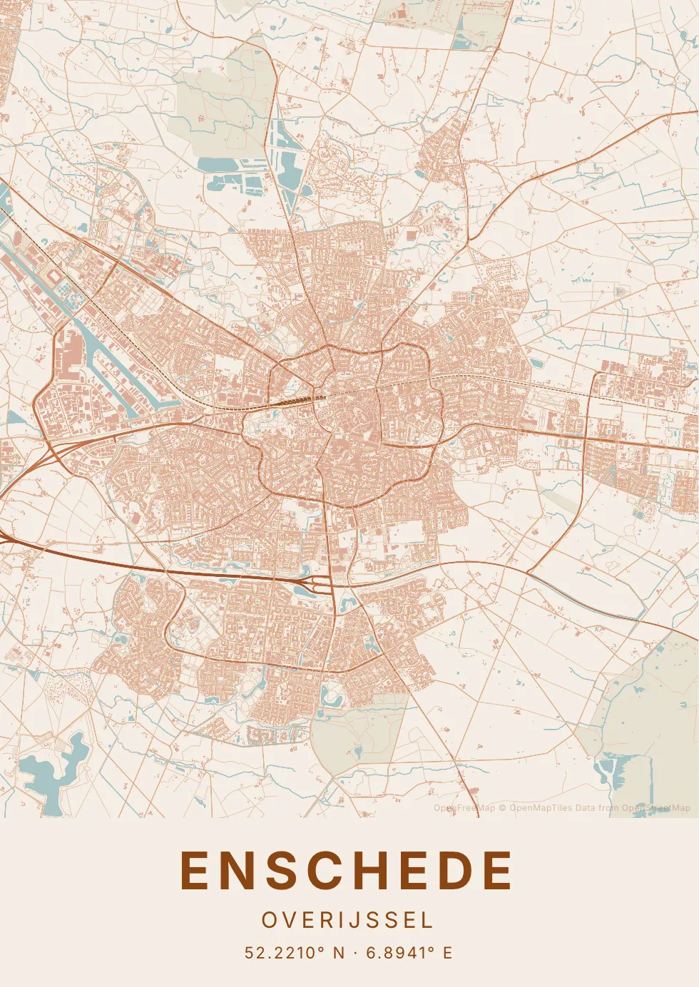 Kaartposter Enschede in Klei stijl