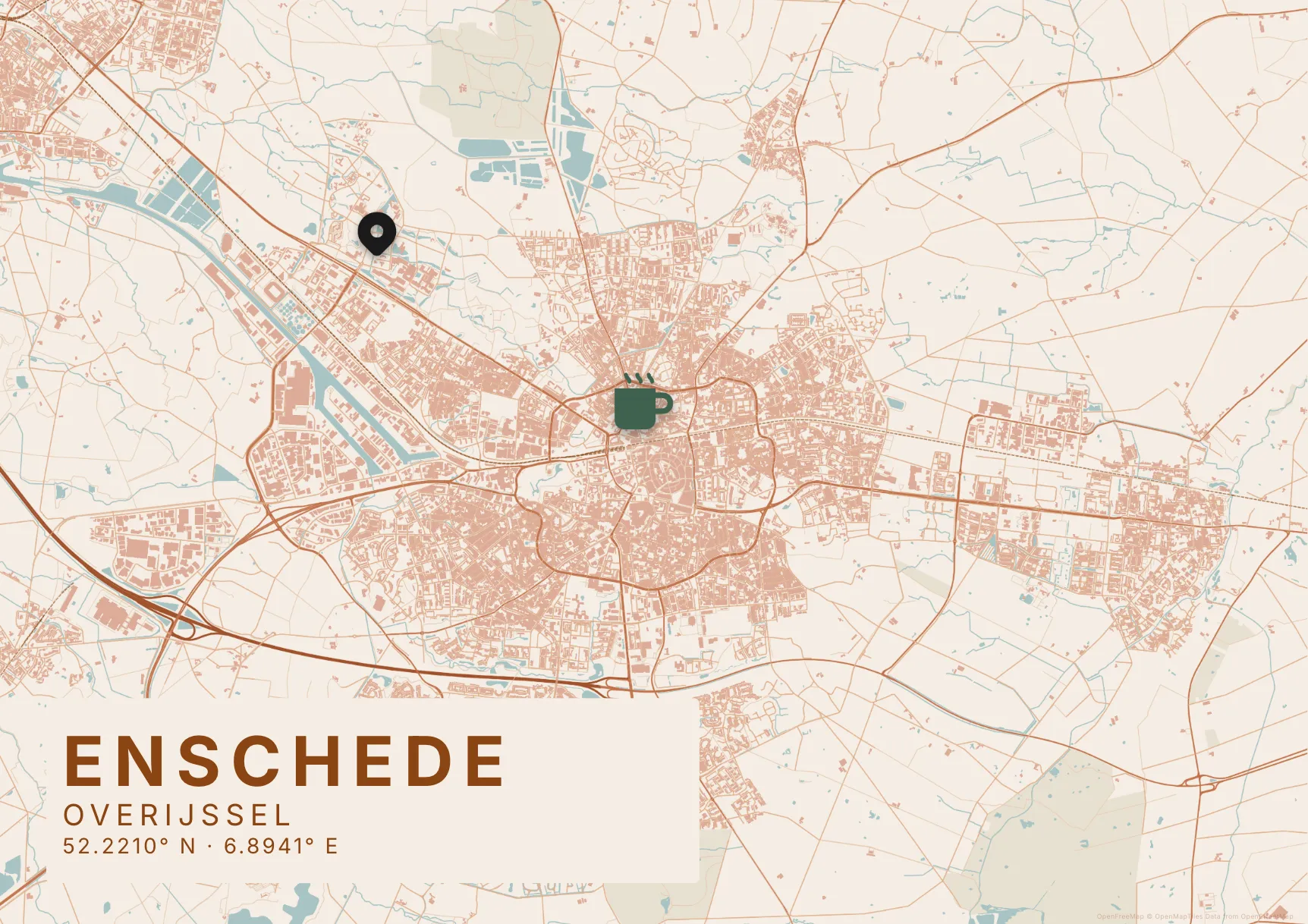 Kaartposter Enschede in Klei stijl