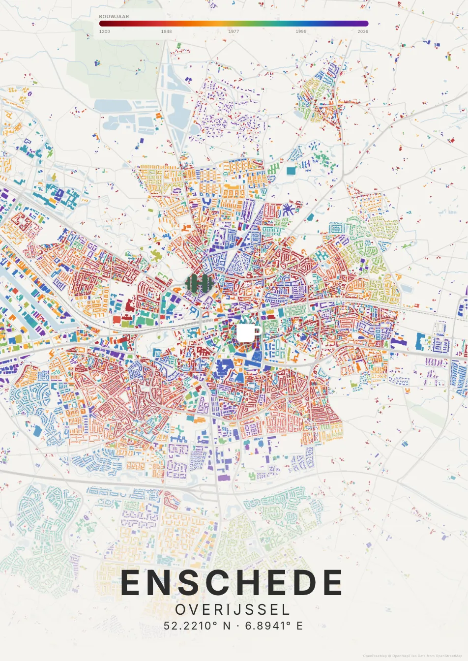 Kaartposter Enschede in Tijdlaag stijl