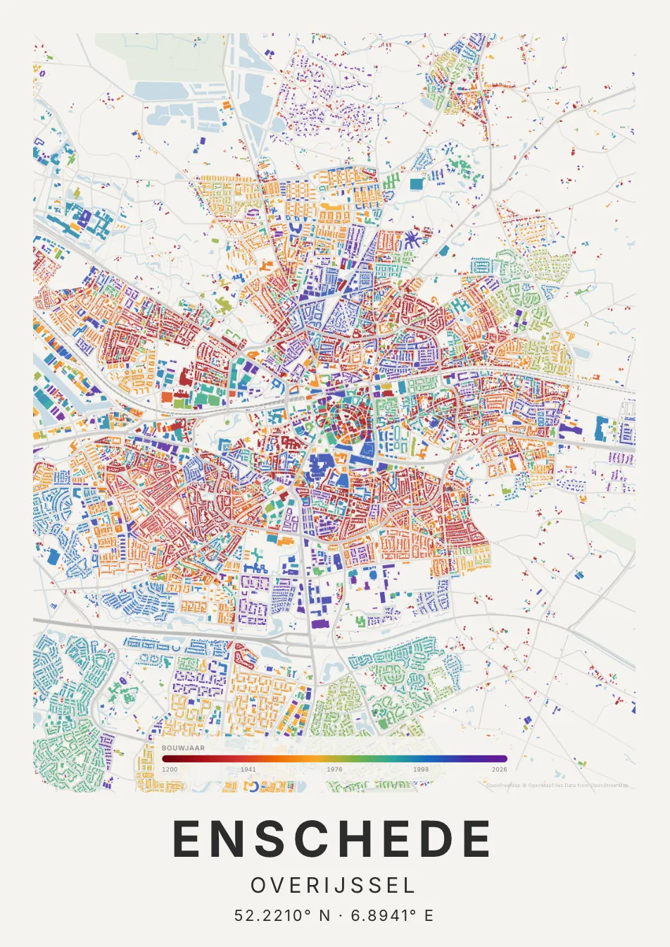 Kaartposter Enschede in Tijdlaag stijl