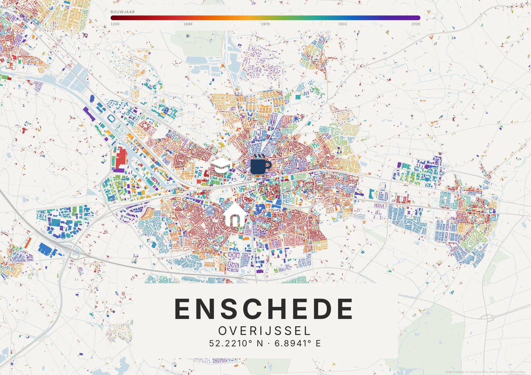 Kaartposter Enschede in Tijdlaag stijl, liggend