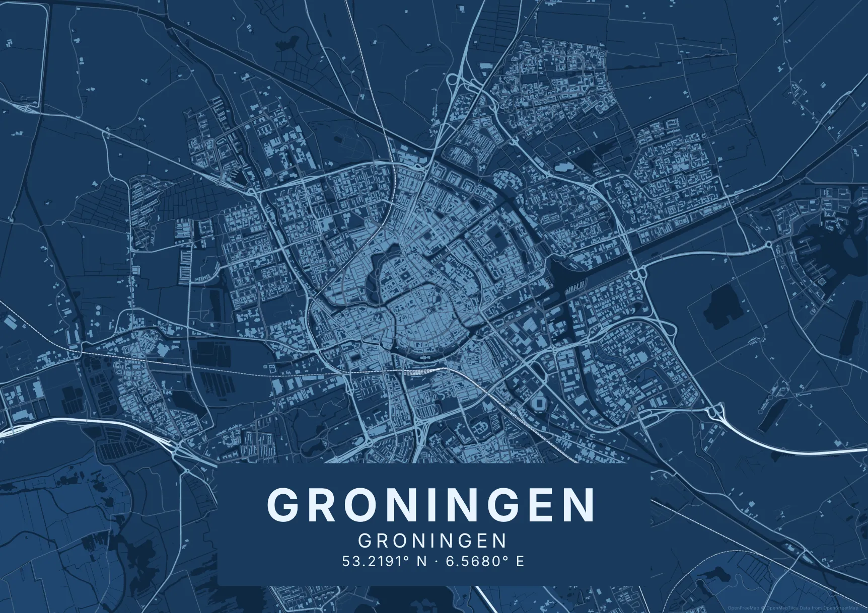 Kaartposter Groningen in Blauwdruk stijl, liggend