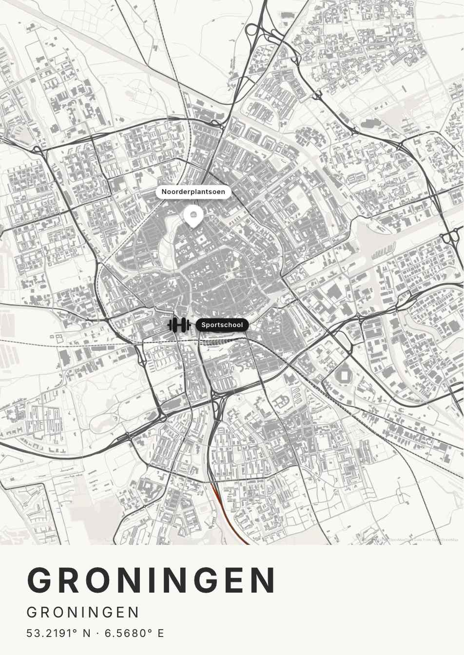 Kaartposter Groningen in Inktwas stijl