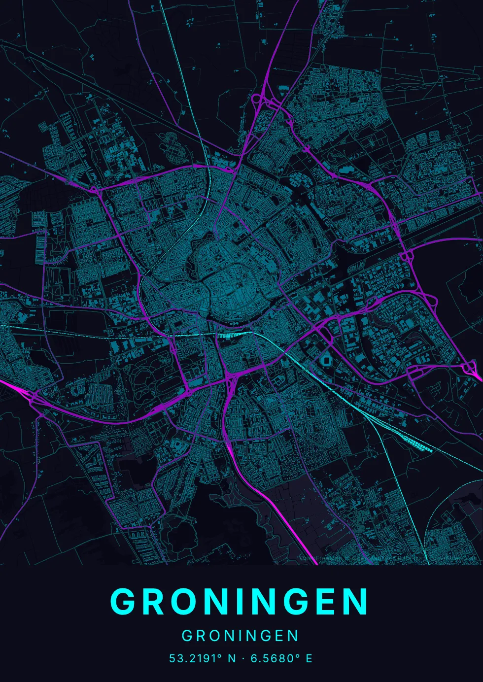 Groningen kaartposter in Neon stijl