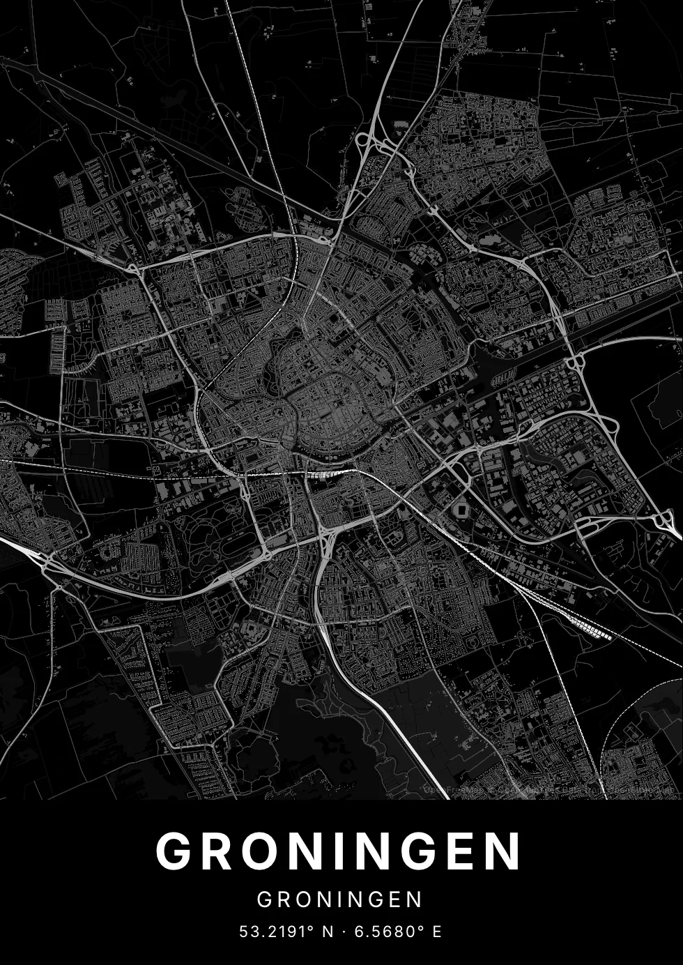 Kaartposter van Groningen in Nachtzwart stijl