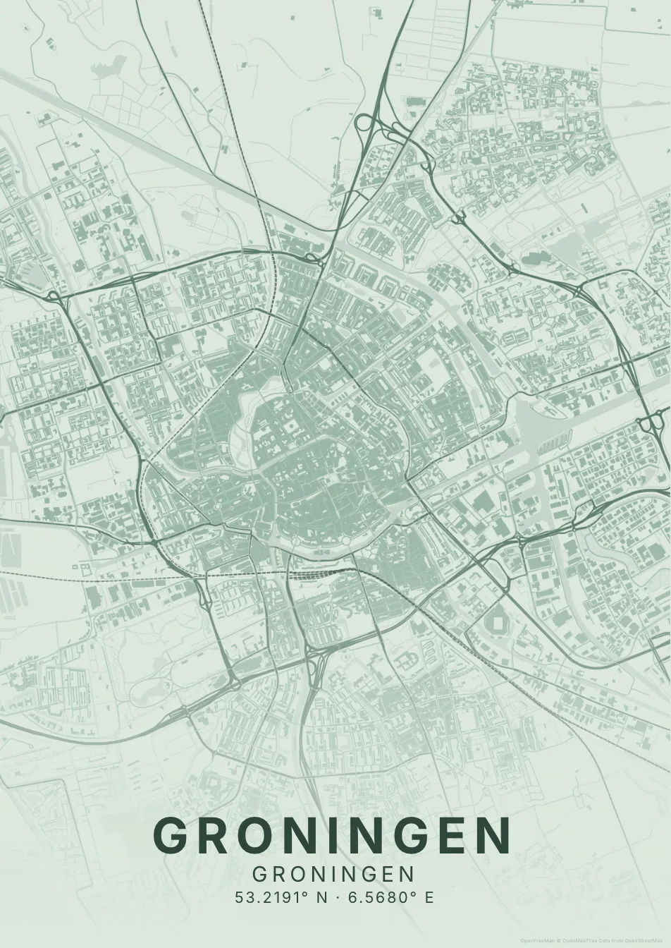 Kaartposter Groningen in Salie stijl