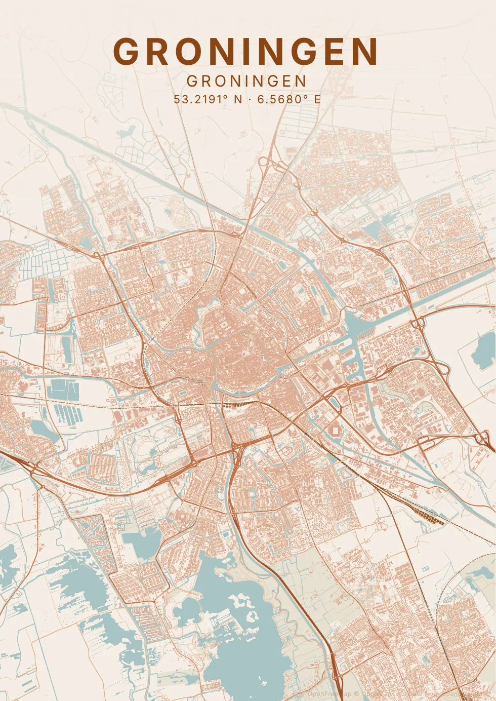 Kaartposter Groningen in Klei stijl