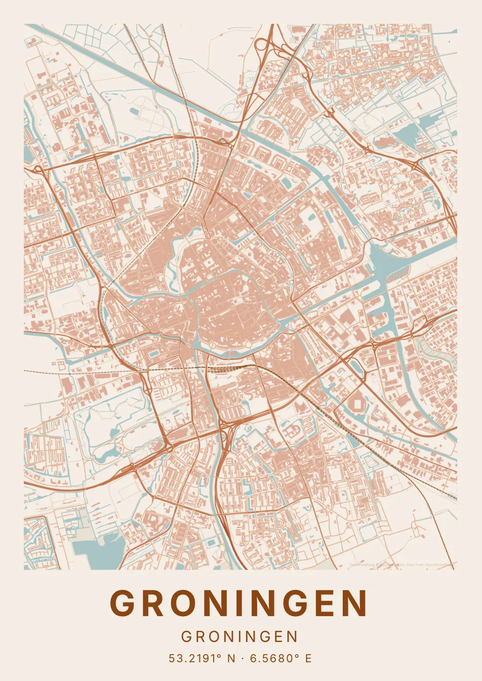 Kaartposter Groningen in Klei stijl
