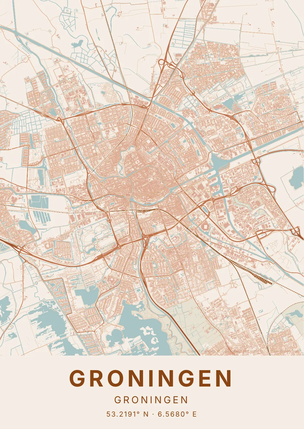 Kaartposter van Groningen in Klei stijl