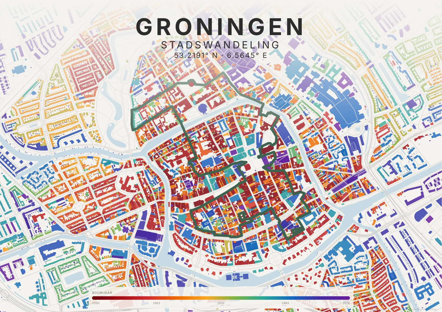 Kaartposter Groningen in Tijdlaag stijl