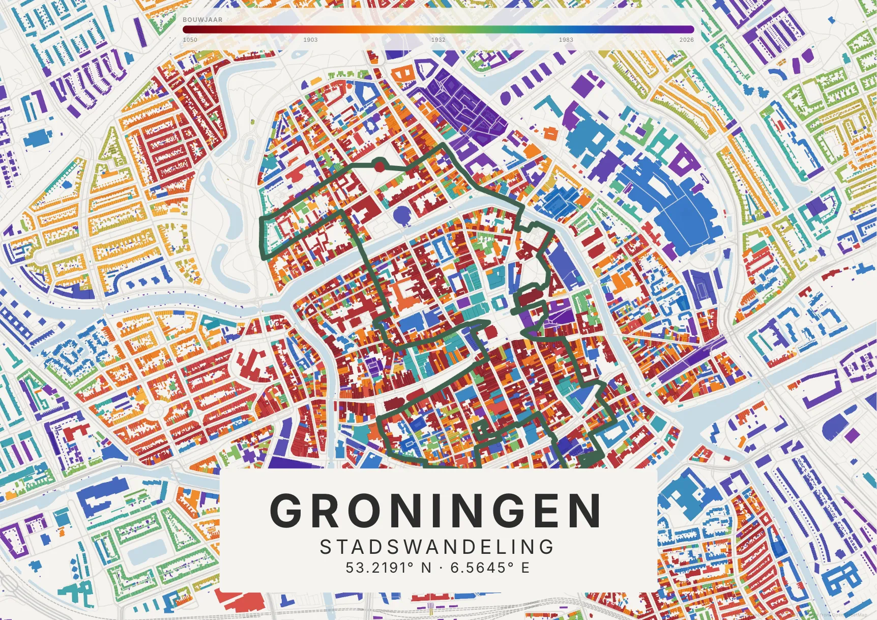 Kaartposter Groningen in Tijdlaag stijl, liggend