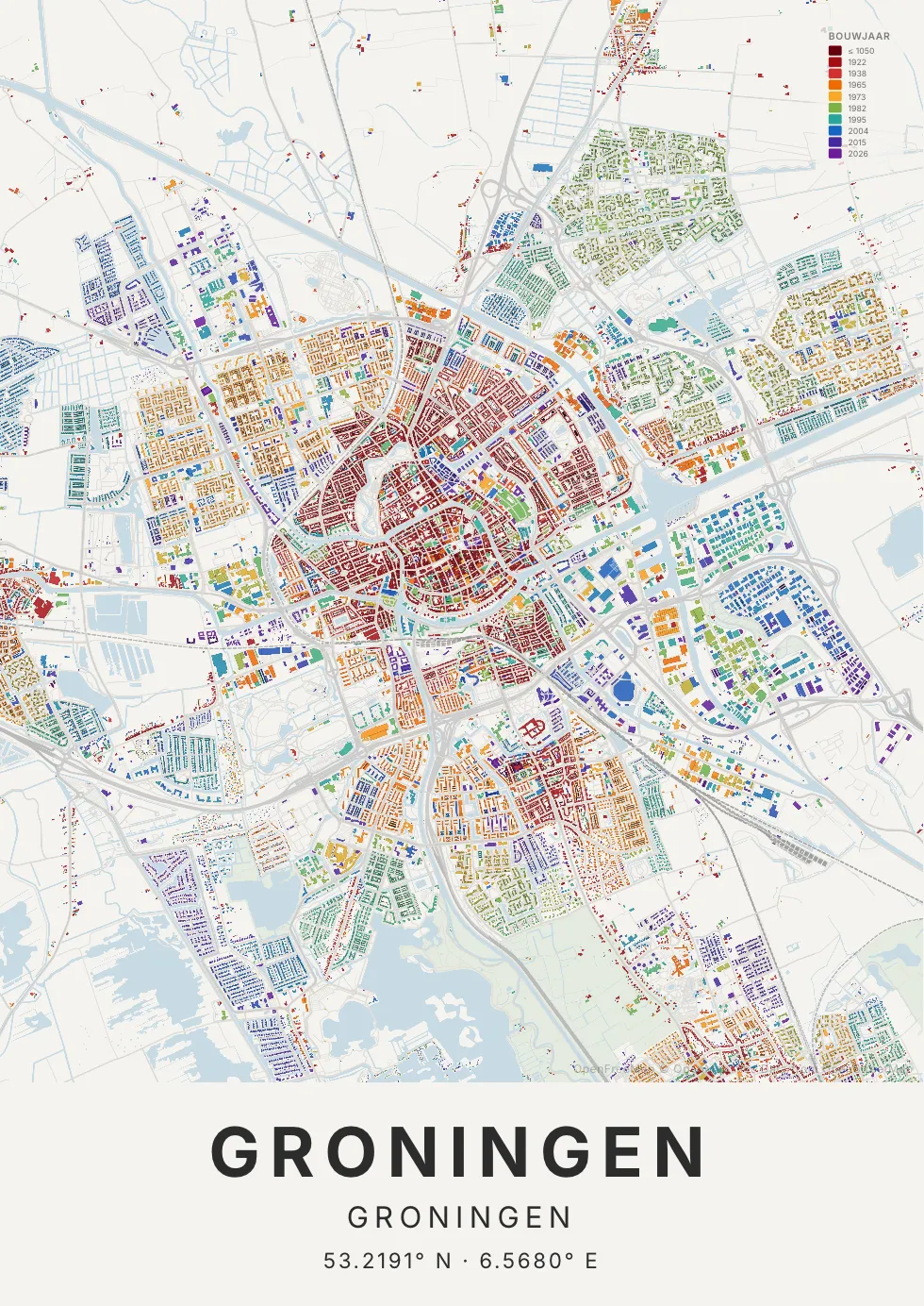 Groningen kaartposter in Tijdlaag stijl
