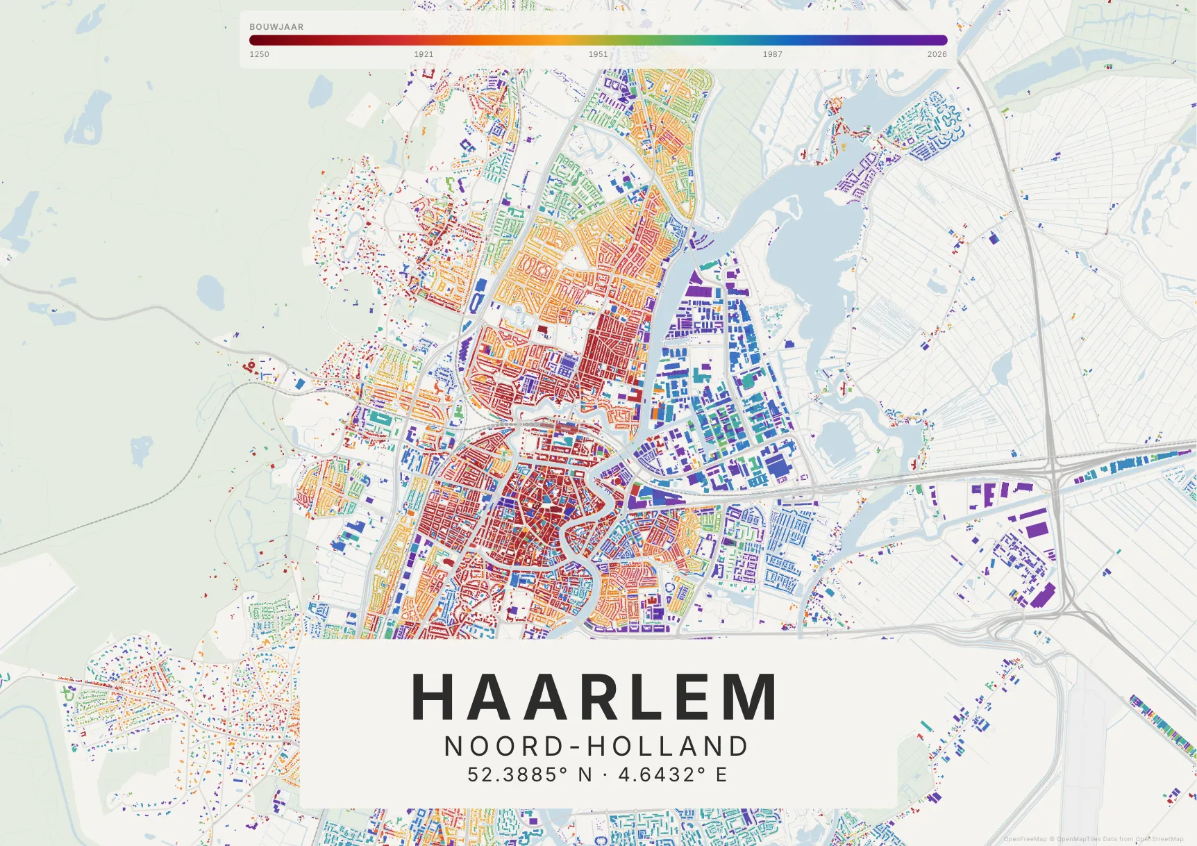Kaartposter Haarlem in Tijdlaag stijl, liggend