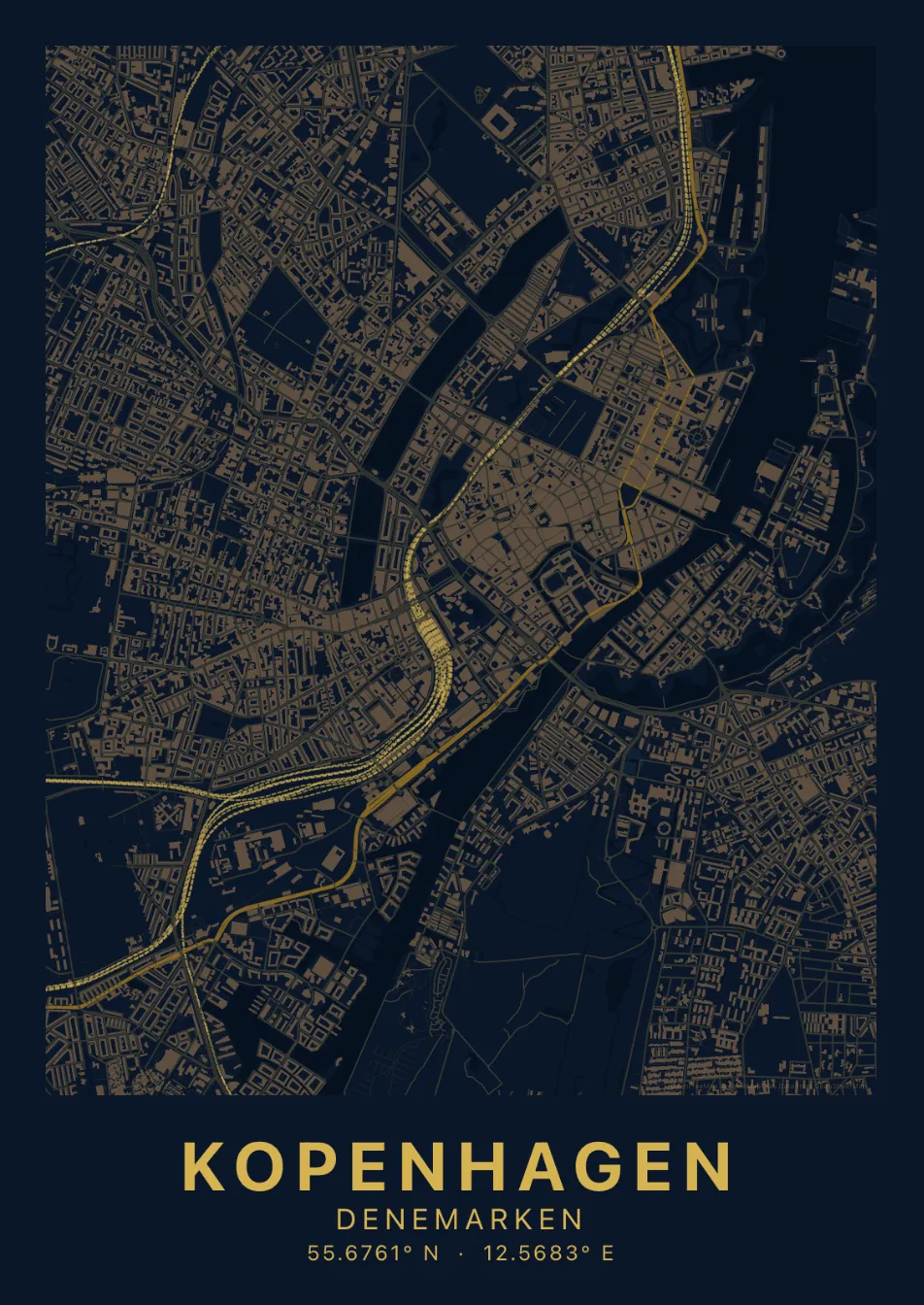 Kaartposter Kopenhagen in Nachtblauw stijl