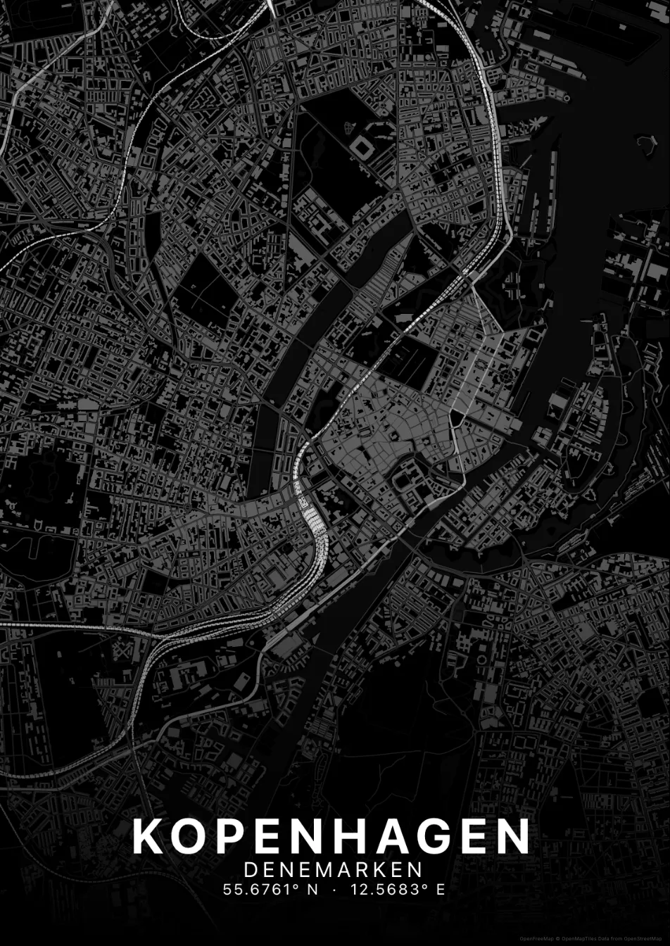 Kaartposter Kopenhagen in Nachtzwart stijl