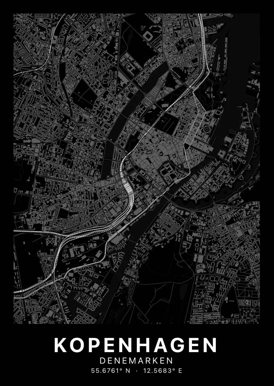 Kaartposter Kopenhagen in Nachtzwart stijl