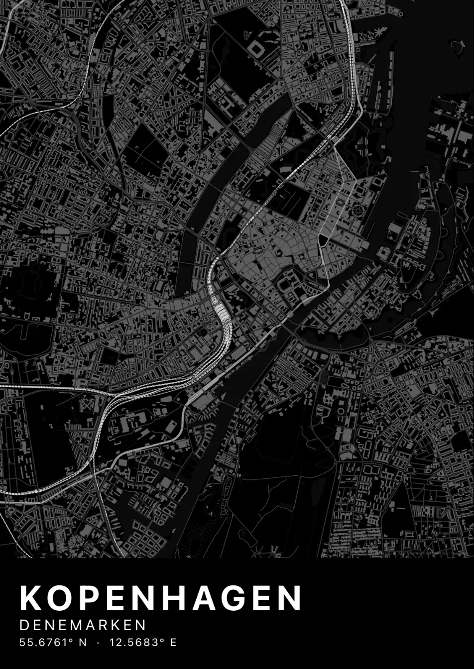 Kaartposter Kopenhagen in Nachtzwart stijl