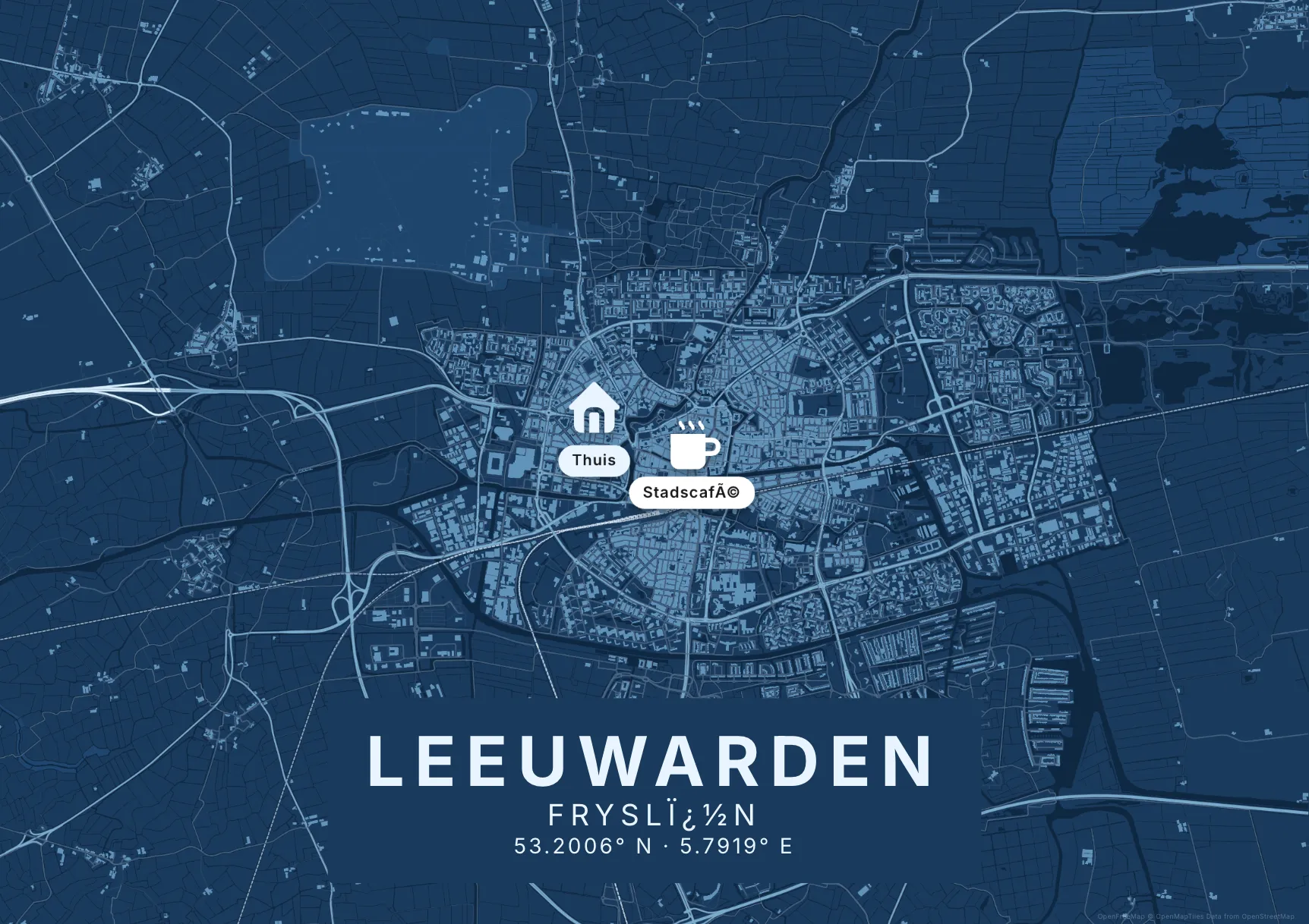Kaartposter Leeuwarden in Blauwdruk stijl, liggend