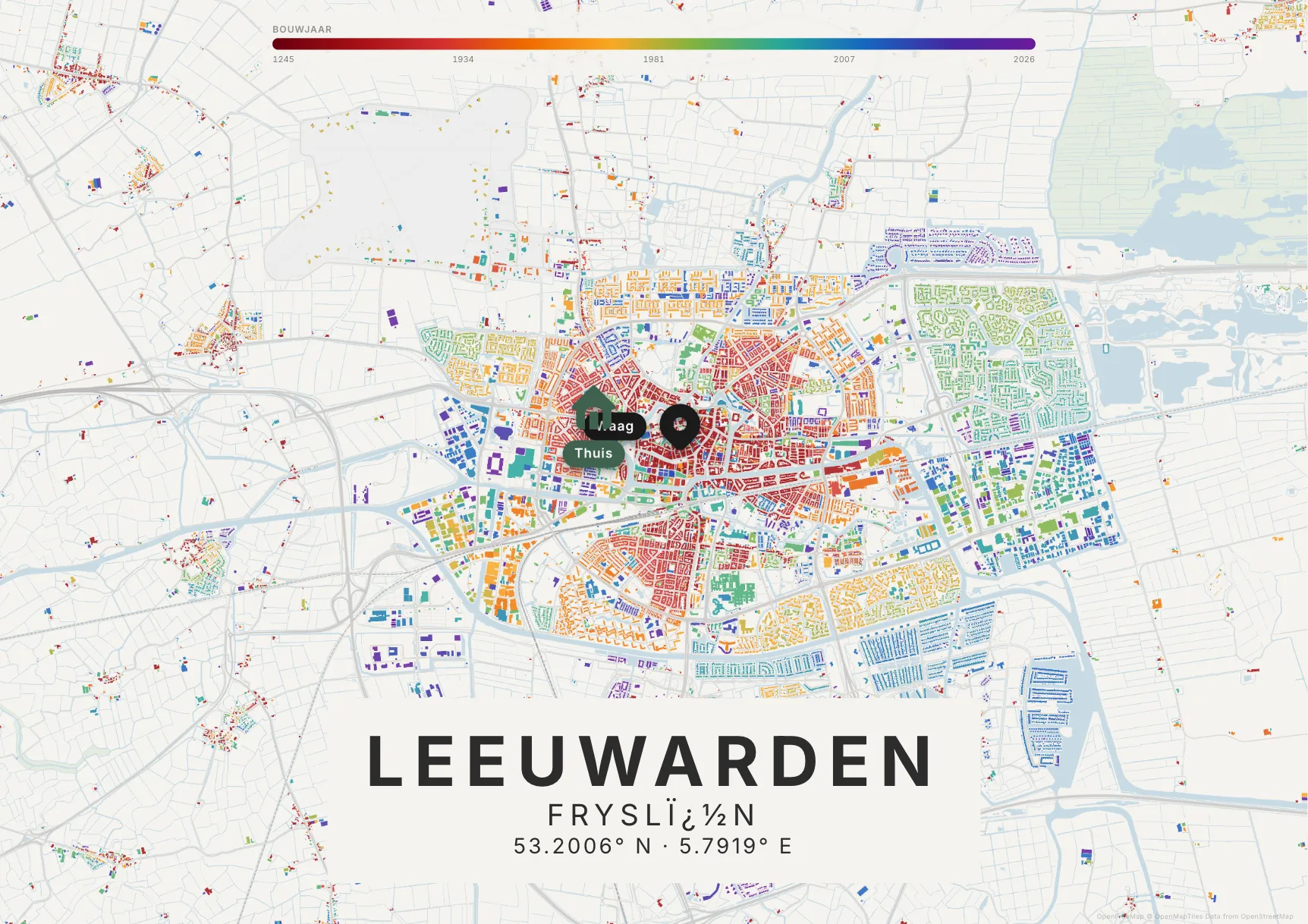 Kaartposter Leeuwarden in Tijdlaag stijl, liggend