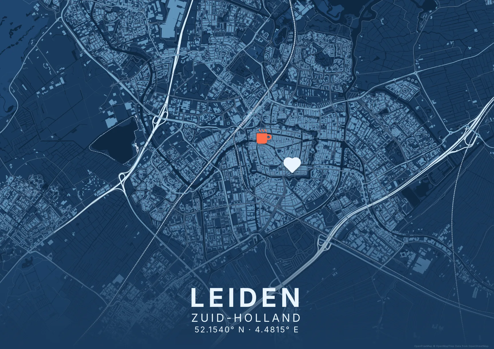 Kaartposter Leiden in Blauwdruk stijl